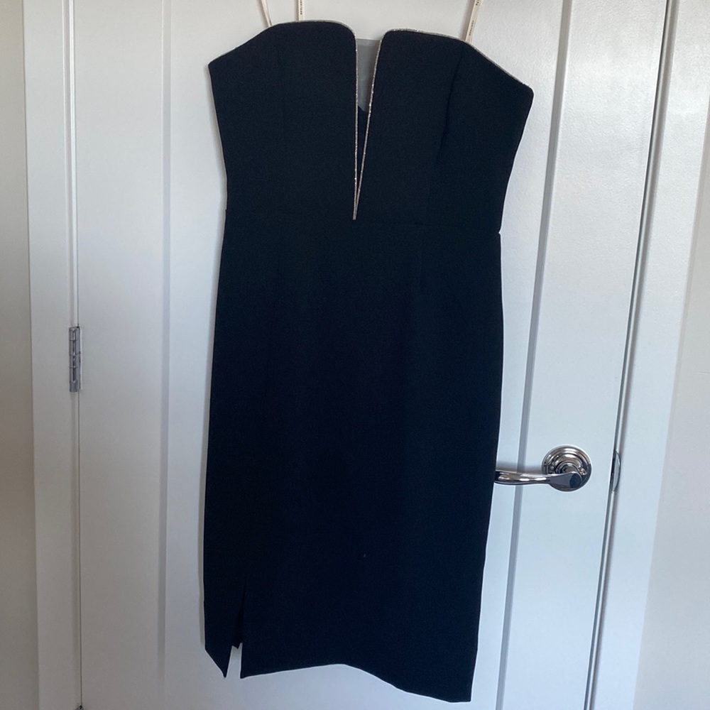 Black strapless midi dress with front slit